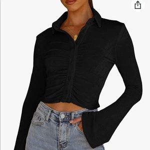 New Button Bell Ruched Waist Collared Top XL